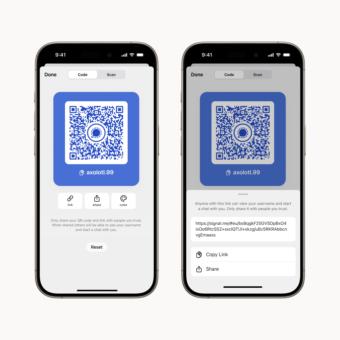 two smartphone screens showing the QR code as part of the user profile and its decoded value which is a URL