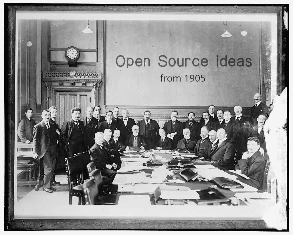 Image “Second international labor conference” was manipulated to add text “Open source ideas from 1905”