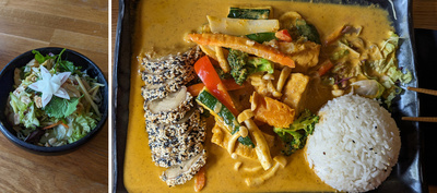 The left shows a bowl of vegetables like a salad and the right shows peanut sauce soaking rice and vegetables and tofu