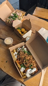 Two lunch boxes are visible with fries covered with a topping and dumplings in a different box