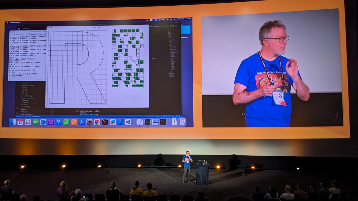 Raph Levien is shown at the right presenting his talk and on the left the slide showing a capital R glyph in a grid structure
