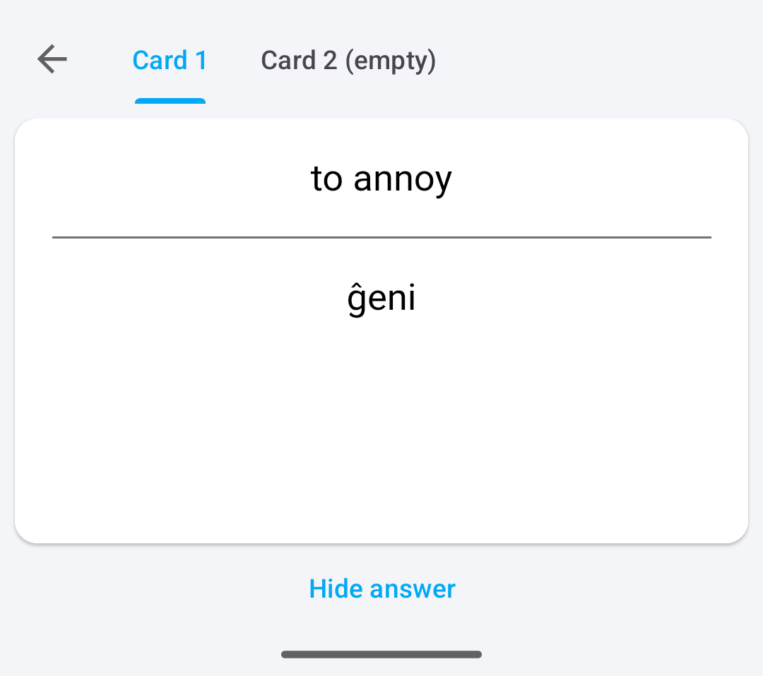 AnkiDroid screenshot which only shows the words ‘to annoy’ and ‘ĝeni’