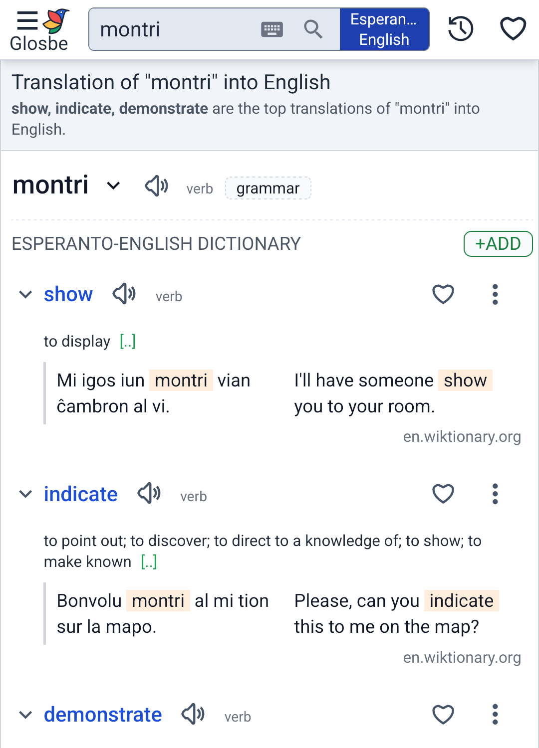 Screenshot of the glosbe.com dictionary page translating montri to English