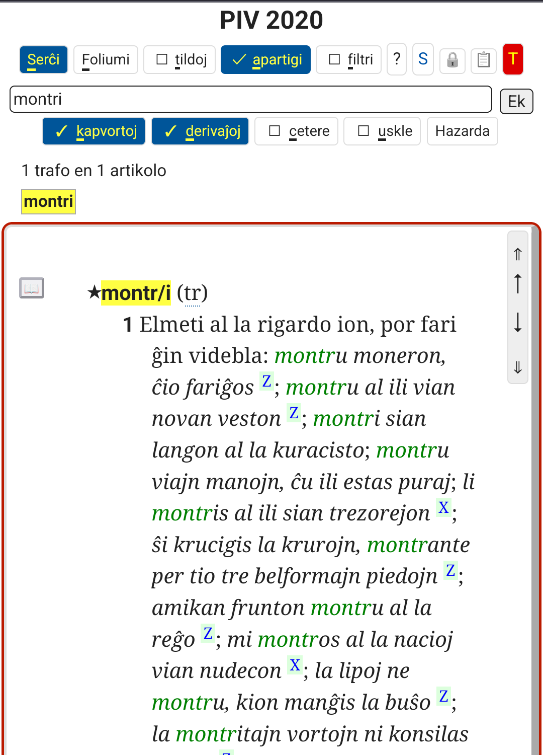 Screenshot of the PIV dictionary page vortaro.net showing an explanation of the verb montri