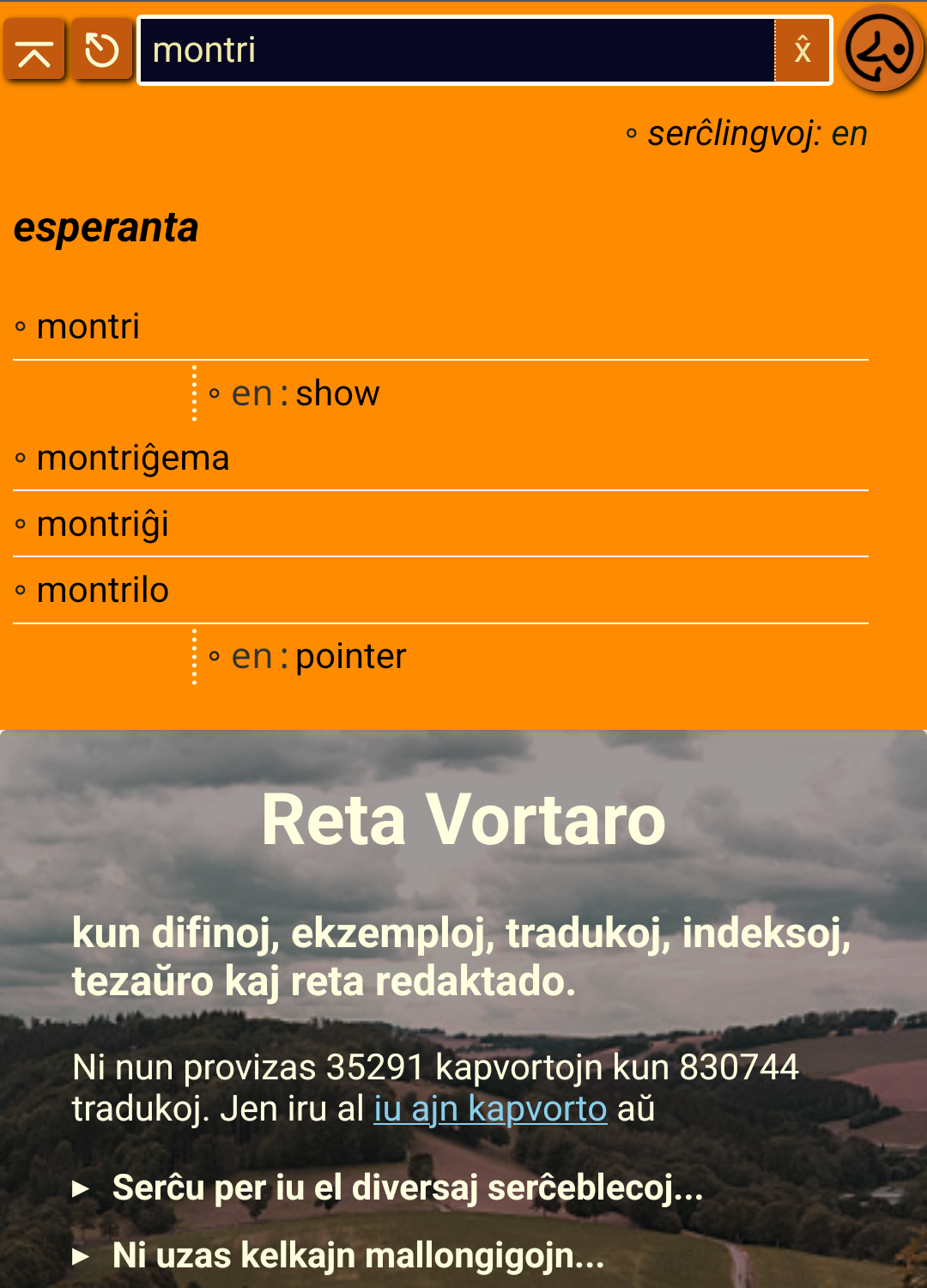 Screenshot of the website reta-vortaro.de showing an explanation of the verb montri