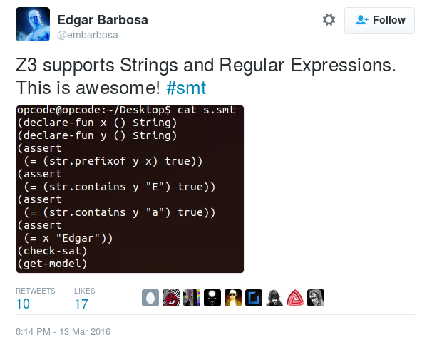 Tweet: 'Z3 supports Strings and Regular Expressions'. This is Awesome!